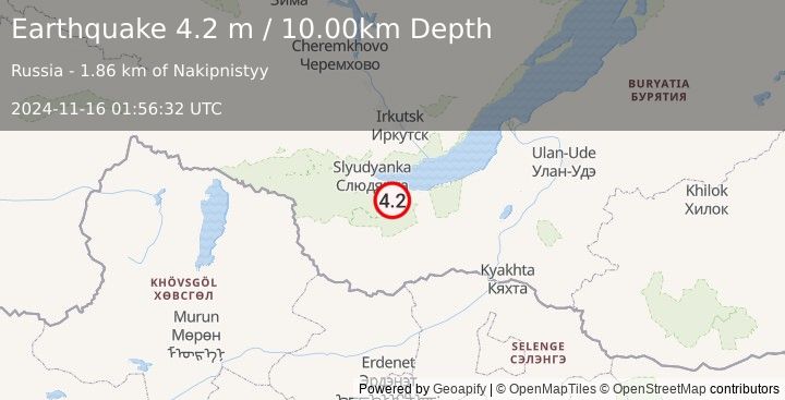 Earthquake LAKE BAYKAL REGION, RUSSIA (4.2 m) (2024-11-16 01:56:32 UTC)