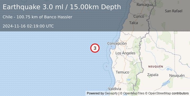 Earthquake OFF COAST OF BIO-BIO, CHILE (3.0 ml) (2024-11-16 02:19:00 UTC)