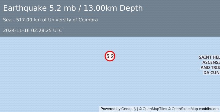 Earthquake SOUTHERN MID-ATLANTIC RIDGE (5.2 mb) (2024-11-16 02:28:25 UTC)