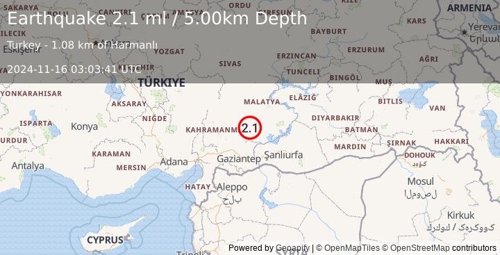 Earthquake CENTRAL TURKEY (2.1 ml) (2024-11-16 03:03:41 UTC)