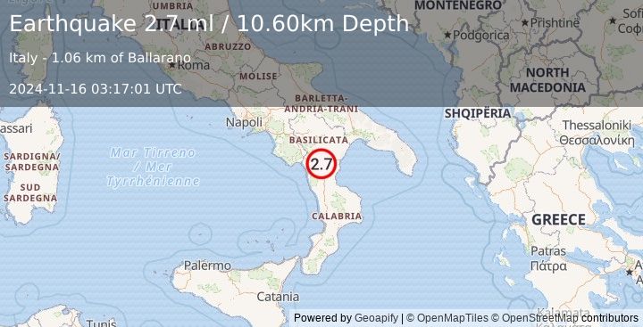 Earthquake SOUTHERN ITALY (2.7 ml) (2024-11-16 03:17:01 UTC)