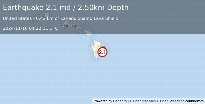 Earthquake ISLAND OF HAWAII, HAWAII (2.1 md) (2024-11-16 04:22:31 UTC)