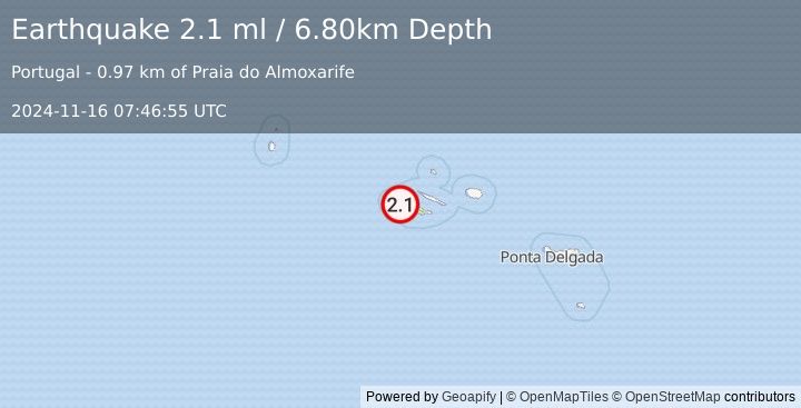 Earthquake AZORES ISLANDS, PORTUGAL (2.1 ml) (2024-11-16 07:46:55 UTC)