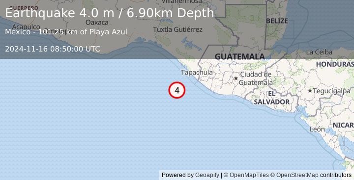 Earthquake OFF COAST OF CHIAPAS, MEXICO (4.0 m) (2024-11-16 08:50:00 UTC)