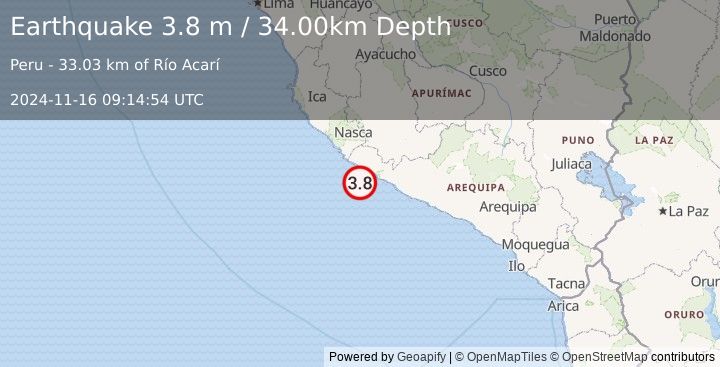 Earthquake NEAR COAST OF SOUTHERN PERU (3.8 m) (2024-11-16 09:14:54 UTC)