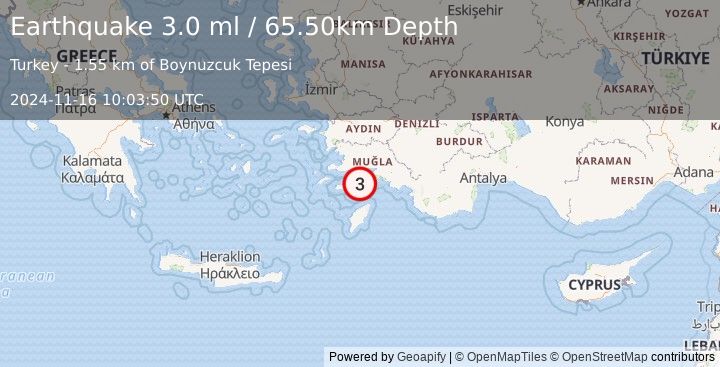 Earthquake DODECANESE IS.-TURKEY BORDER REG (3.0 ml) (2024-11-16 10:03:50 UTC)