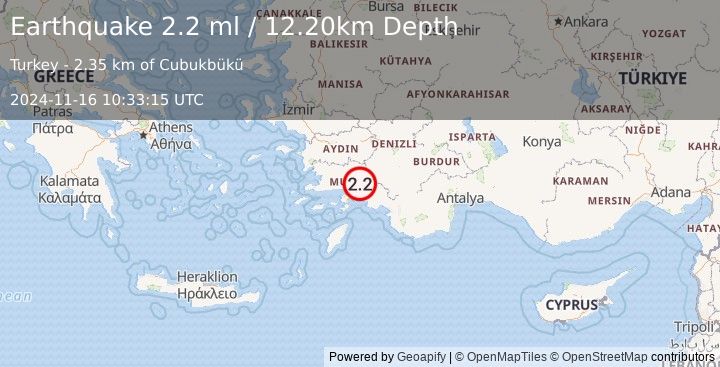 Earthquake WESTERN TURKEY (2.2 ml) (2024-11-16 10:33:15 UTC)