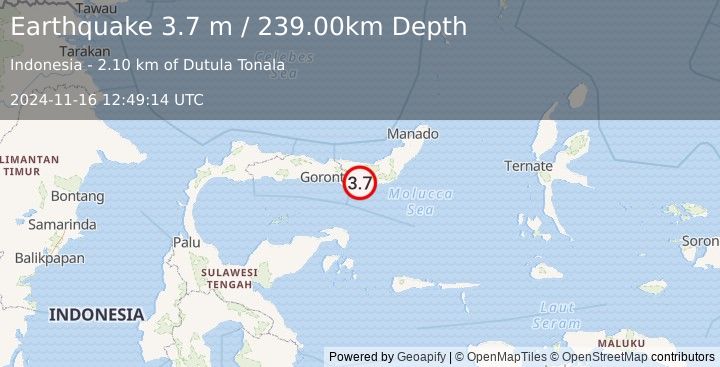 Earthquake MINAHASA, SULAWESI, INDONESIA (3.7 m) (2024-11-16 12:49:14 UTC)