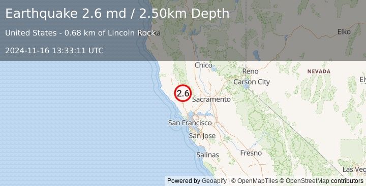 Earthquake NORTHERN CALIFORNIA (2.6 md) (2024-11-16 13:33:11 UTC)