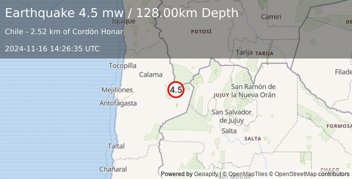 Earthquake ANTOFAGASTA, CHILE (4.5 mw) (2024-11-16 14:26:35 UTC)