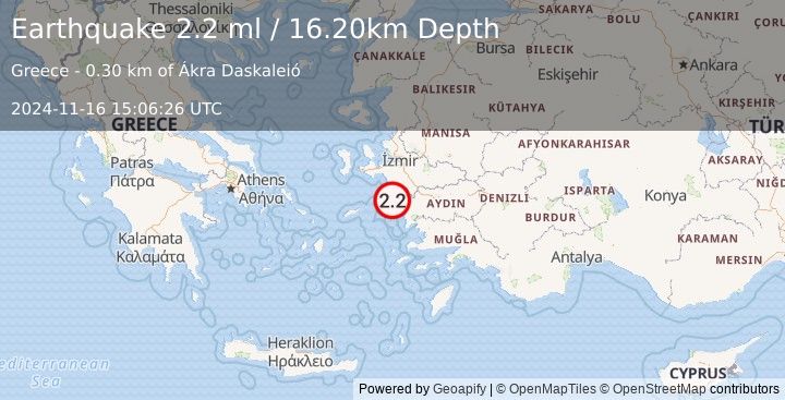 Earthquake DODECANESE ISLANDS, GREECE (2.2 ml) (2024-11-16 15:06:26 UTC)