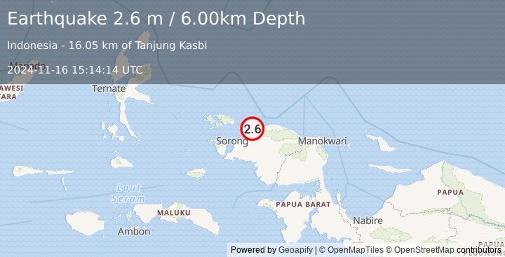 Earthquake NEAR N COAST OF PAPUA, INDONESIA (2.6 m) (2024-11-16 15:14:14 UTC)