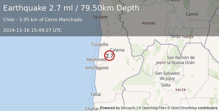 Earthquake ANTOFAGASTA, CHILE (2.7 ml) (2024-11-16 15:49:27 UTC)