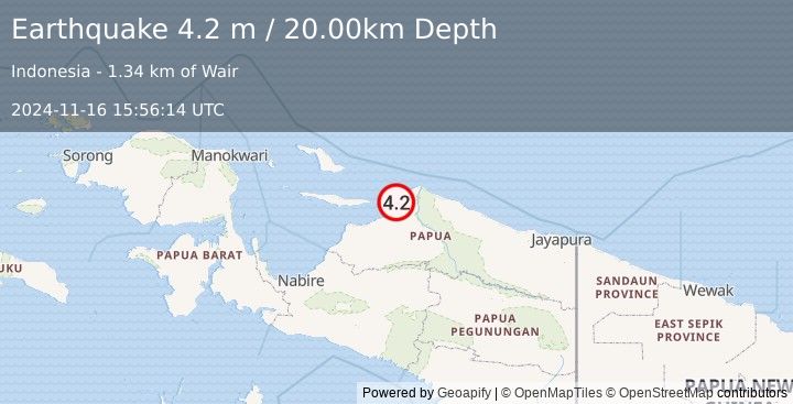 Earthquake NEAR N COAST OF PAPUA, INDONESIA (4.2 m) (2024-11-16 15:56:14 UTC)