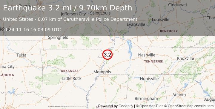 Earthquake SOUTHEASTERN MISSOURI (3.2 ml) (2024-11-16 16:03:09 UTC)