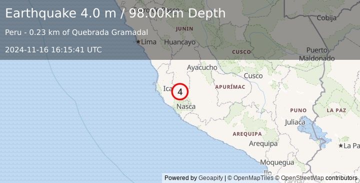 Earthquake NEAR COAST OF CENTRAL PERU (4.0 m) (2024-11-16 16:15:41 UTC)