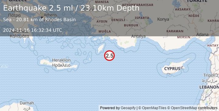 Earthquake EASTERN MEDITERRANEAN SEA (2.5 ml) (2024-11-16 16:32:34 UTC)