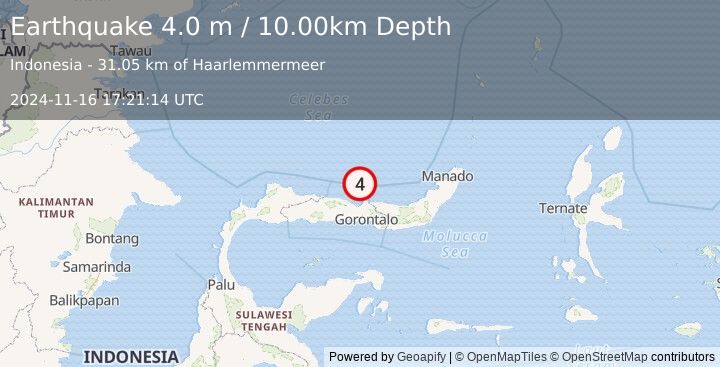 Earthquake MINAHASA, SULAWESI, INDONESIA (4.0 m) (2024-11-16 17:21:14 UTC)