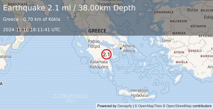 Earthquake SOUTHERN GREECE (2.1 ml) (2024-11-16 18:11:41 UTC)