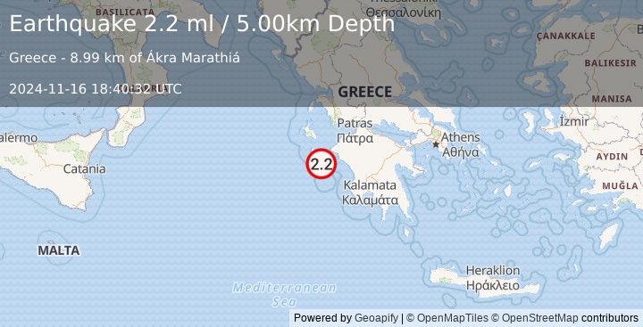 Earthquake IONIAN SEA (2.2 ml) (2024-11-16 18:40:32 UTC)