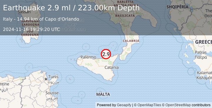 Earthquake SICILY, ITALY (2.9 ml) (2024-11-16 19:29:20 UTC)