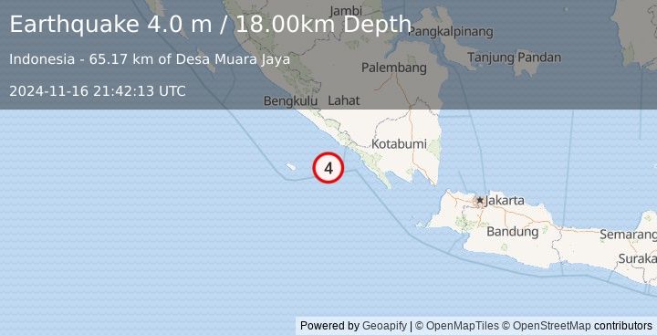 Earthquake SOUTHERN SUMATRA, INDONESIA (4.0 m) (2024-11-16 21:42:13 UTC)