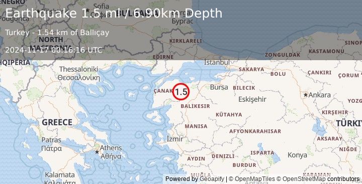 Earthquake WESTERN TURKEY (1.5 ml) (2024-11-17 00:16:16 UTC)