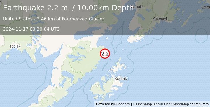 Earthquake KODIAK ISLAND REGION, ALASKA (2.2 ml) (2024-11-17 00:30:04 UTC)