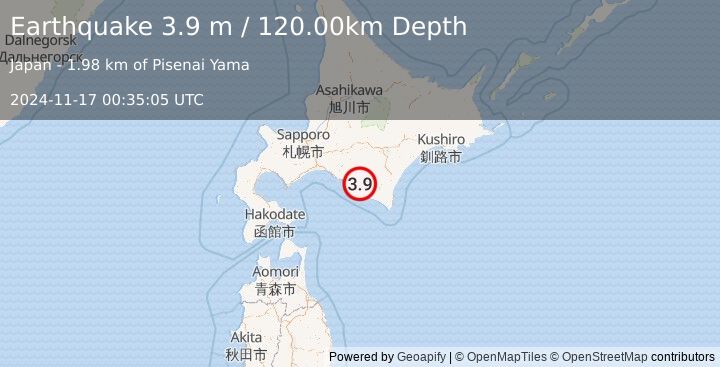 Earthquake HOKKAIDO, JAPAN REGION (3.9 m) (2024-11-17 00:35:05 UTC)