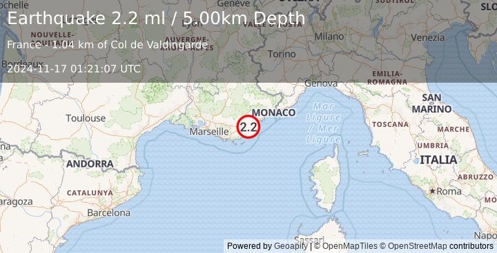 Earthquake NEAR SOUTH COAST OF FRANCE (2.2 ml) (2024-11-17 01:21:07 UTC)