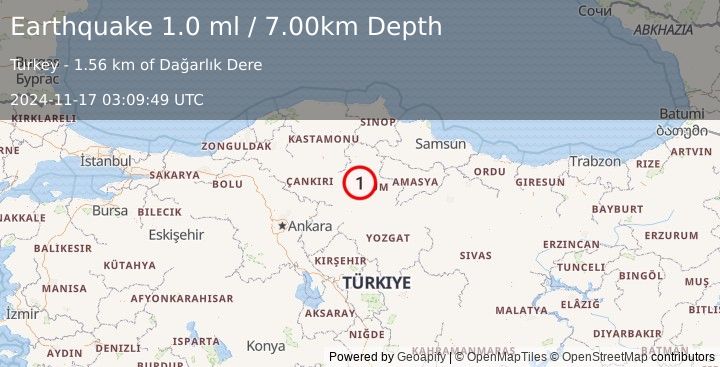 Earthquake CENTRAL TURKEY (1.0 ml) (2024-11-17 03:09:49 UTC)