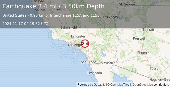 Earthquake GREATER LOS ANGELES AREA, CALIF. (3.4 ml) (2024-11-17 04:19:32 UTC)