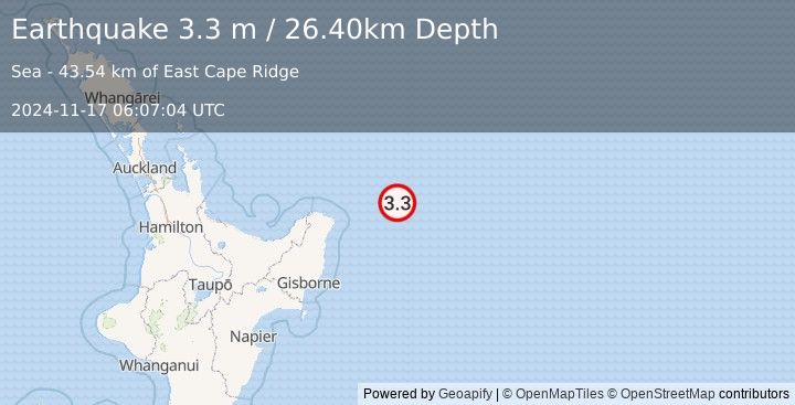 Earthquake OFF E. COAST OF N. ISLAND, N.Z. (3.3 m) (2024-11-17 06:07:04 UTC)