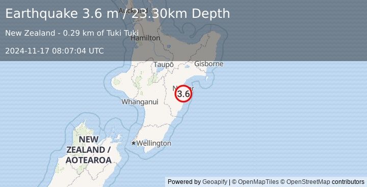 Earthquake NORTH ISLAND OF NEW ZEALAND (3.6 m) (2024-11-17 08:07:04 UTC)