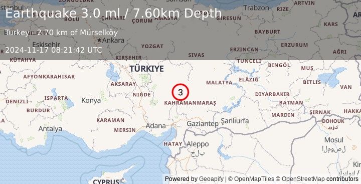 Earthquake CENTRAL TURKEY (3.0 ml) (2024-11-17 08:21:42 UTC)