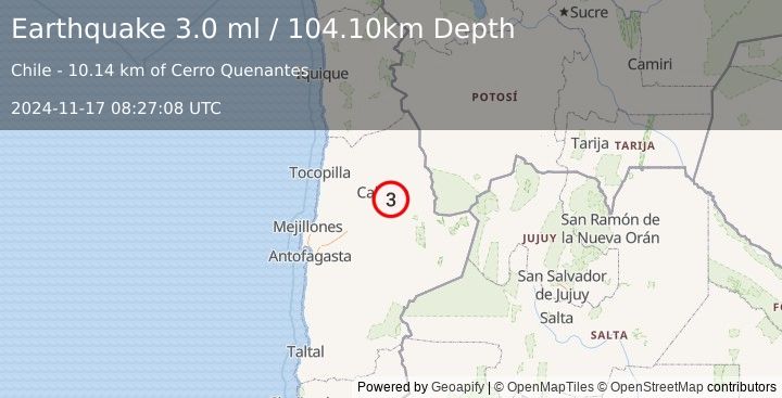 Earthquake ANTOFAGASTA, CHILE (3.0 ml) (2024-11-17 08:27:08 UTC)