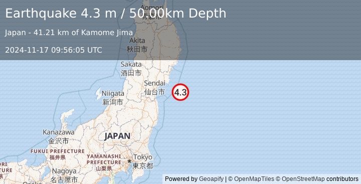 Earthquake NEAR EAST COAST OF HONSHU, JAPAN (4.3 m) (2024-11-17 09:56:05 UTC)