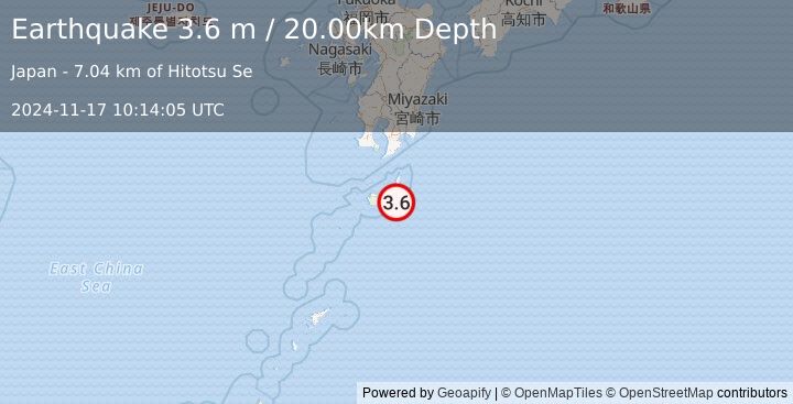 Earthquake KYUSHU, JAPAN (3.6 m) (2024-11-17 10:14:05 UTC)