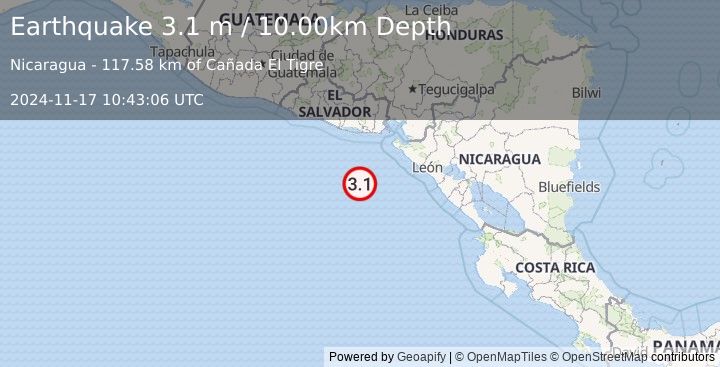 Earthquake NEAR COAST OF NICARAGUA (3.1 m) (2024-11-17 10:43:06 UTC)