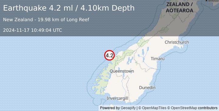 Earthquake SOUTH ISLAND OF NEW ZEALAND (4.2 ml) (2024-11-17 10:49:04 UTC)