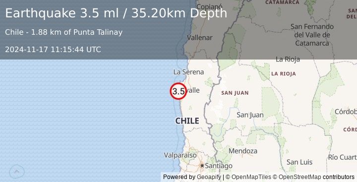 Earthquake COQUIMBO, CHILE (3.5 ml) (2024-11-17 11:15:44 UTC)