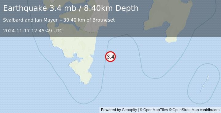 Earthquake SVALBARD REGION (3.4 mb) (2024-11-17 12:45:49 UTC)