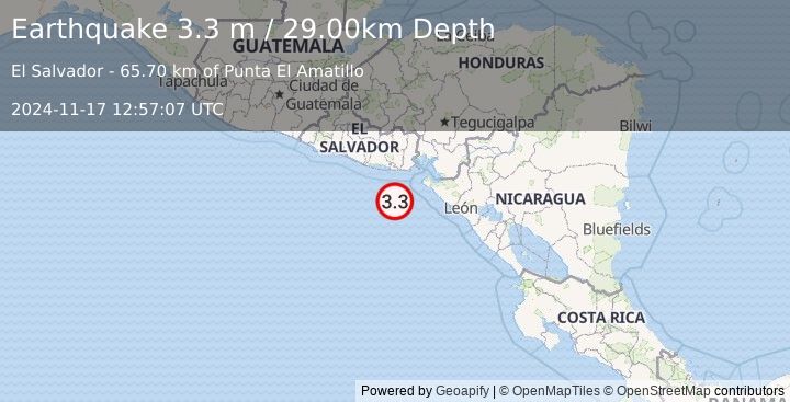 Earthquake OFFSHORE EL SALVADOR (3.3 m) (2024-11-17 12:57:07 UTC)