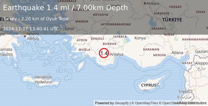 Earthquake WESTERN TURKEY (1.4 ml) (2024-11-17 13:40:41 UTC)