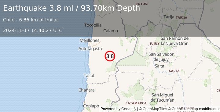 Earthquake ANTOFAGASTA, CHILE (3.8 ml) (2024-11-17 14:40:27 UTC)