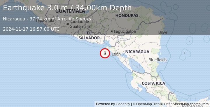 Earthquake NEAR COAST OF NICARAGUA (3.0 m) (2024-11-17 16:57:00 UTC)