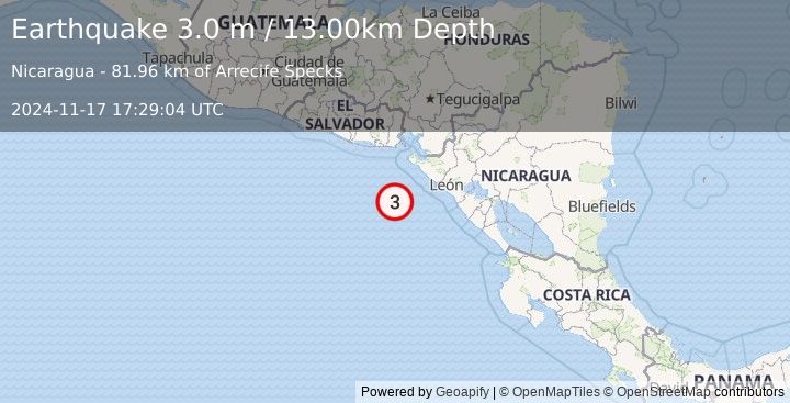 Earthquake NEAR COAST OF NICARAGUA (3.0 m) (2024-11-17 17:29:04 UTC)