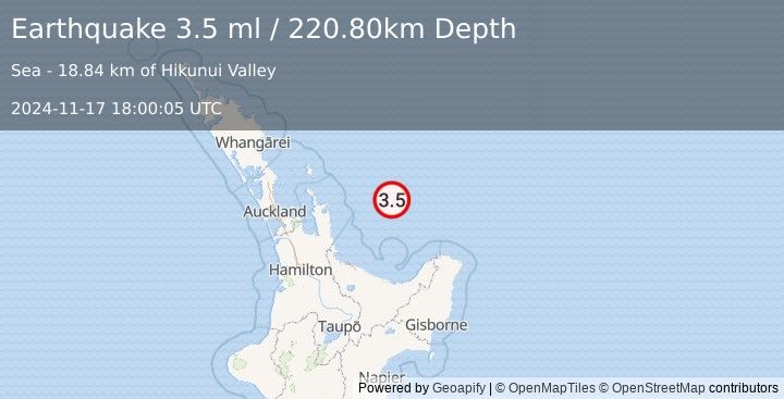 Earthquake OFF E. COAST OF N. ISLAND, N.Z. (3.5 ml) (2024-11-17 18:00:05 UTC)