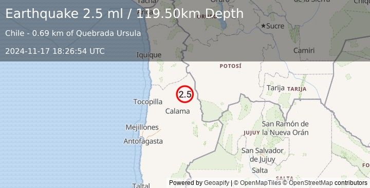 Earthquake ANTOFAGASTA, CHILE (2.5 ml) (2024-11-17 18:26:54 UTC)