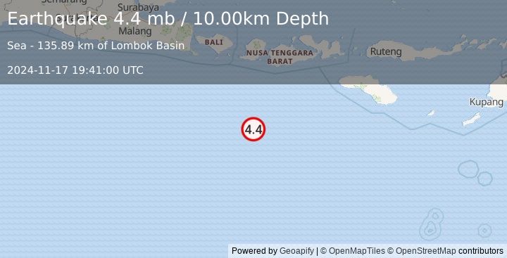 Earthquake SOUTH OF LOMBOK, INDONESIA (4.4 mb) (2024-11-17 19:41:00 UTC)